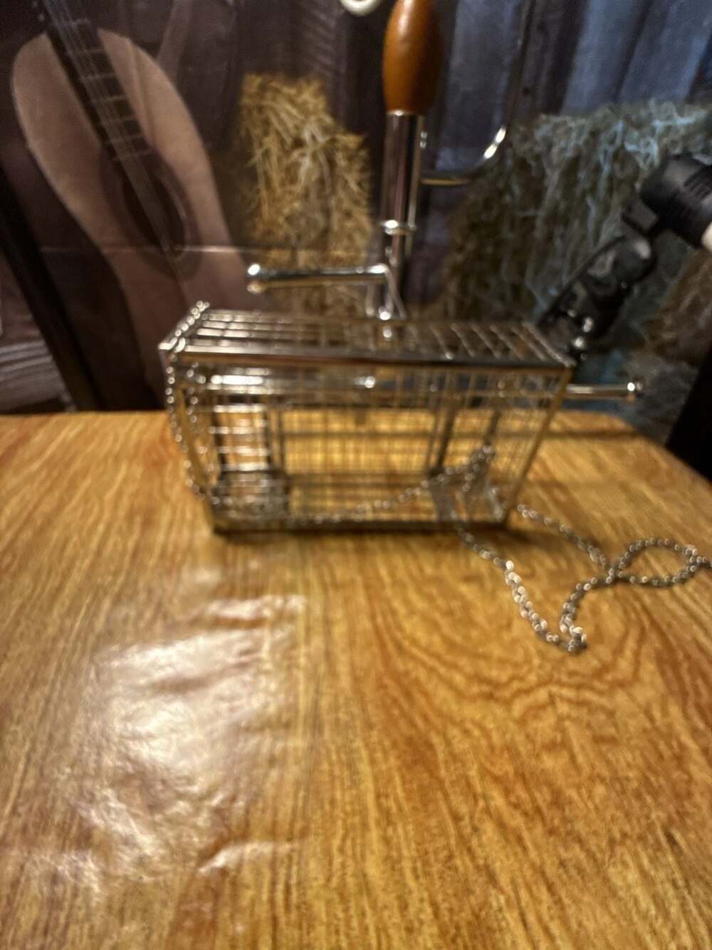 Silver Rectangular Metal Wire Cage Clutch Evening Bag with Chain Strap